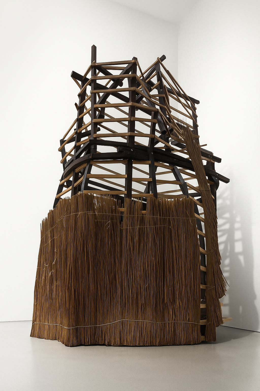 Le Rocher (vue de l'infrastructure), 2025 -- Cassandre Albert -- Profilés en plastiques recyclés, bois, métal, chaume et fils d’acier · 360x220x200cm